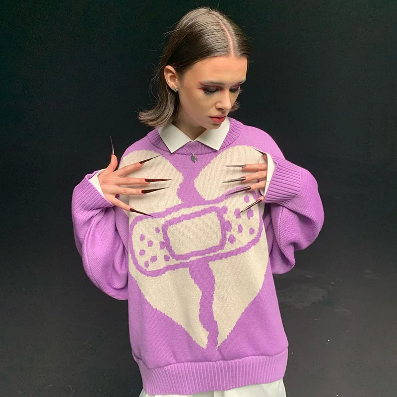 

Pullover Sweater Women Winter Long Sleeve Top Knitting Yarn Black Purple Jumpers Y2k Clothes Basic Knitwear Oversized Sweater
