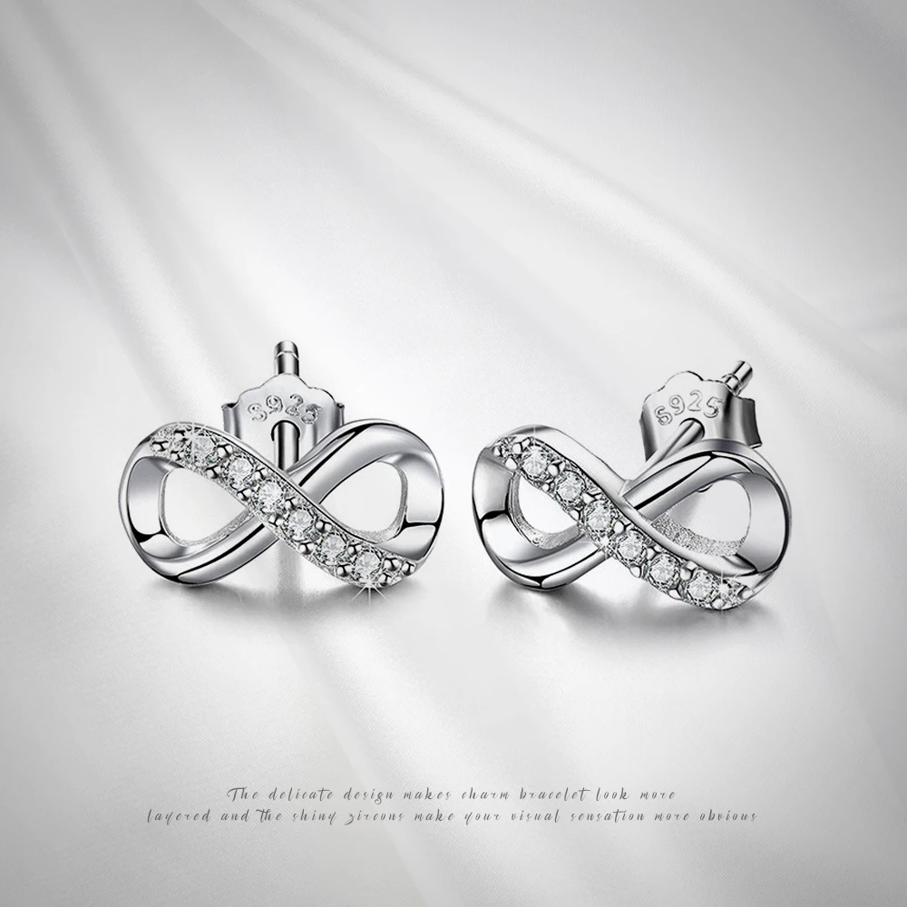 

Delicate 100% 925 Sterling Silver color/Silver Sparkling Bow Stud Earrings With Infinity Clear CZ Women Party Luxury Jewelry