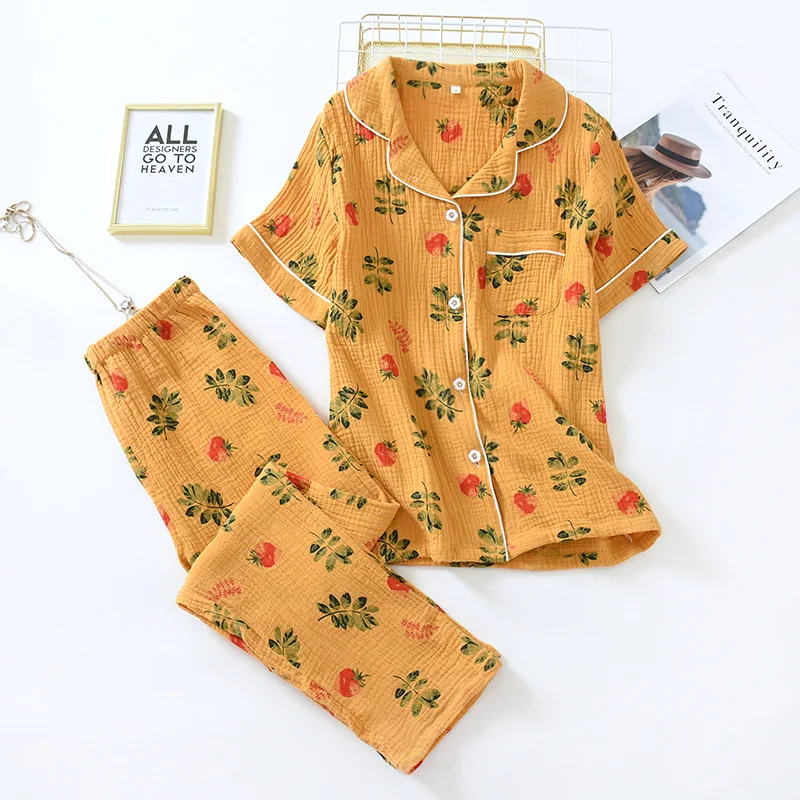 Summer Pajamas for Women Pure Cotton Gauze Short Sleeve Trousers Pajamas Set Thin Soft and Comfort Korean Home Two Piece Set