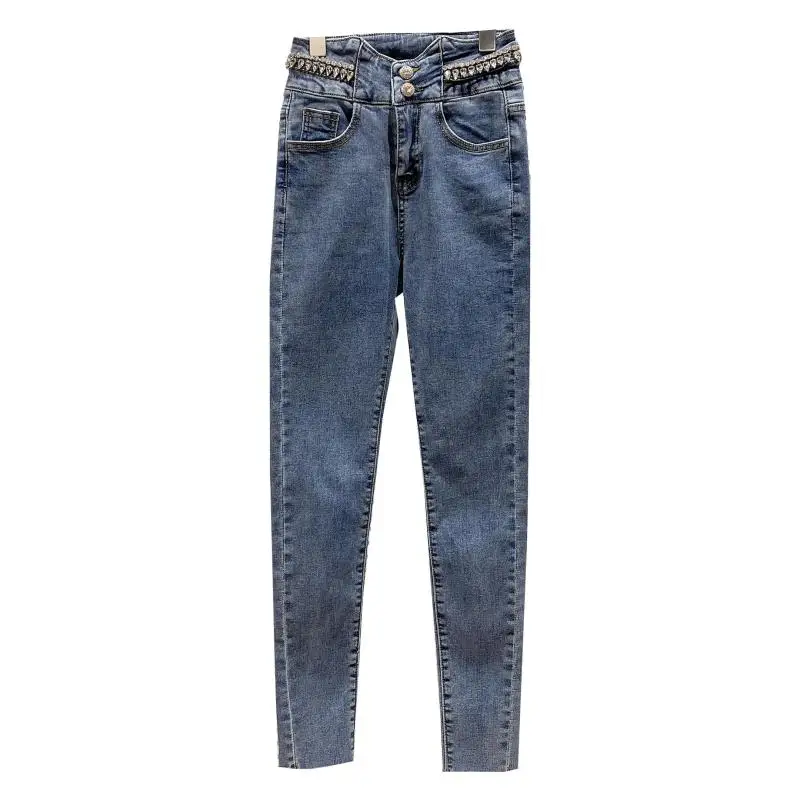 

2021 Spring New Water Drop Rhinestone Waist Design Elastic Pencil Jeans Skinny Denim Jeans for Women Blue Pants