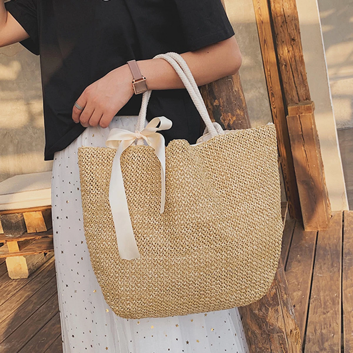 

Jastie Casual Beach Women Bags Ribbon Bow Vertical Square Handmade Bag Woven Shoulder Handbag Straw Bag соломенная сумка
