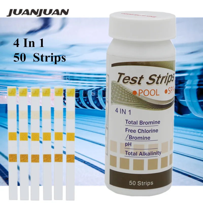 50 шт/бутылка 4 в 1 Спа Тест Полоски для бассейна Бесплатный хлор PH бром общая