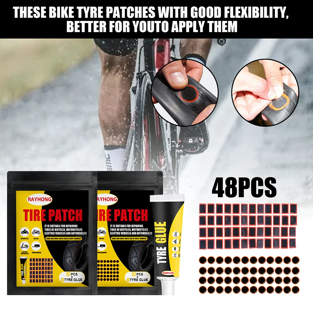 

12ml Glue 48pcs Rubber Puncture Patches Bicycle Tire Tyre Tube Repair Cycle Patch Kit Bicycle Inner Tube Puncture Repair Tools