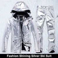 shining silver mens womens ski suit winter thermal waterproof windproof snowboarding jacket pants skiing wear female snow suits