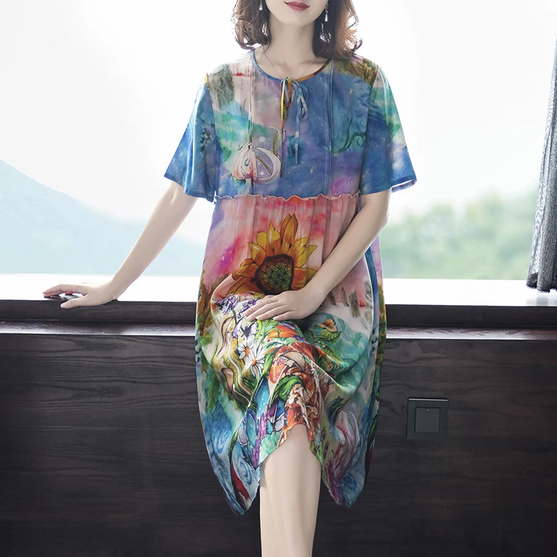 Женское платье из натурального шелка Пляжное Платье с принтом повседневная