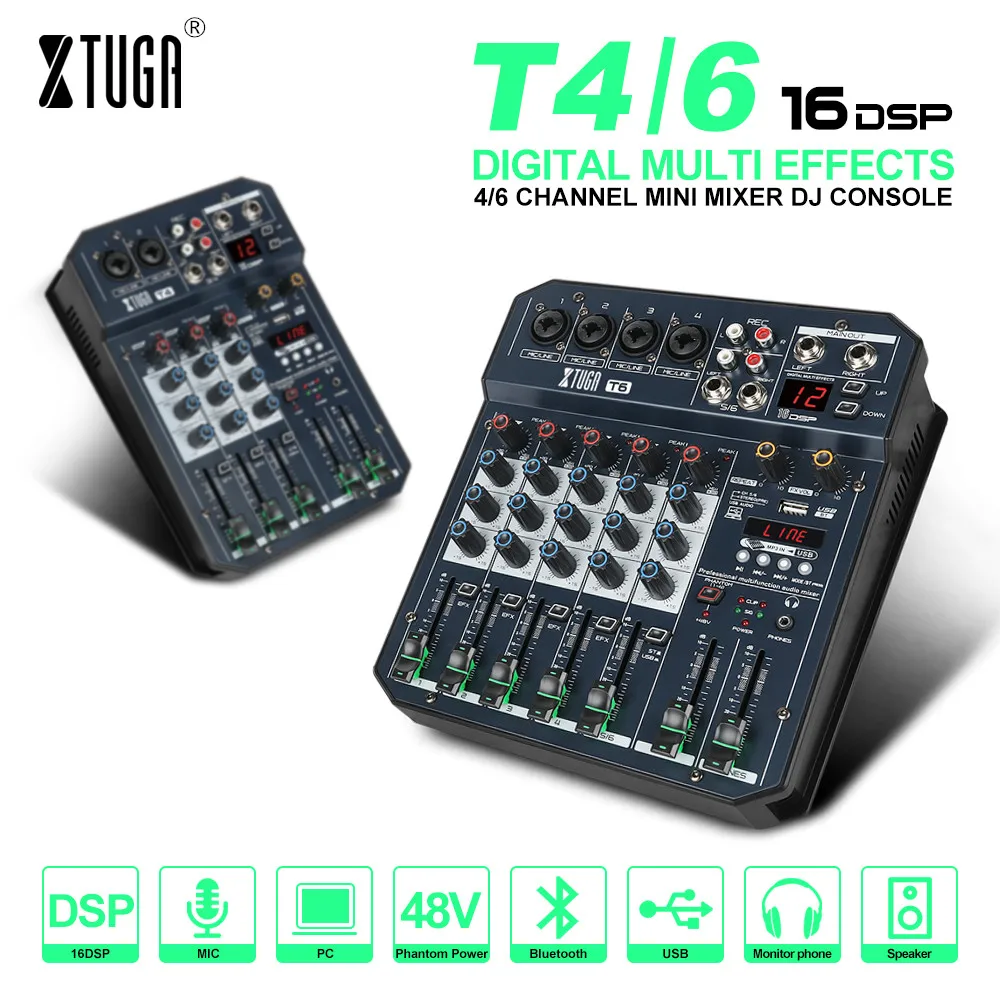 XTUGA T4/6 микшер каналов аудио с DSP эффектом Bluetooth USB цифровой DJ ревербератор стерео