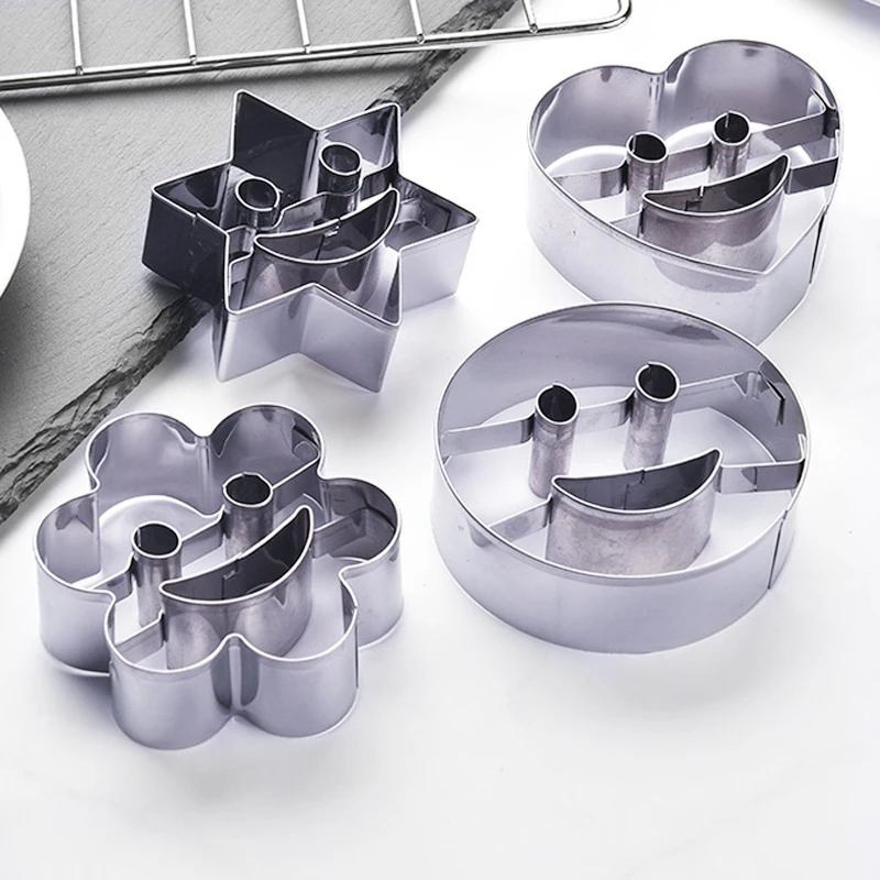 

4-Piece Set DIY Creative Smile Expression Stainless Steel Mold Cake Fruit Cookies Print Flower Pressure Mold Baking Tool