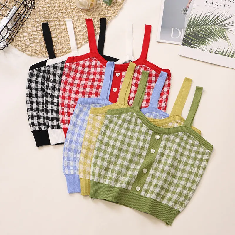 Топы женские летние разноцветные трикотажные клетчатые бретельки камзол с