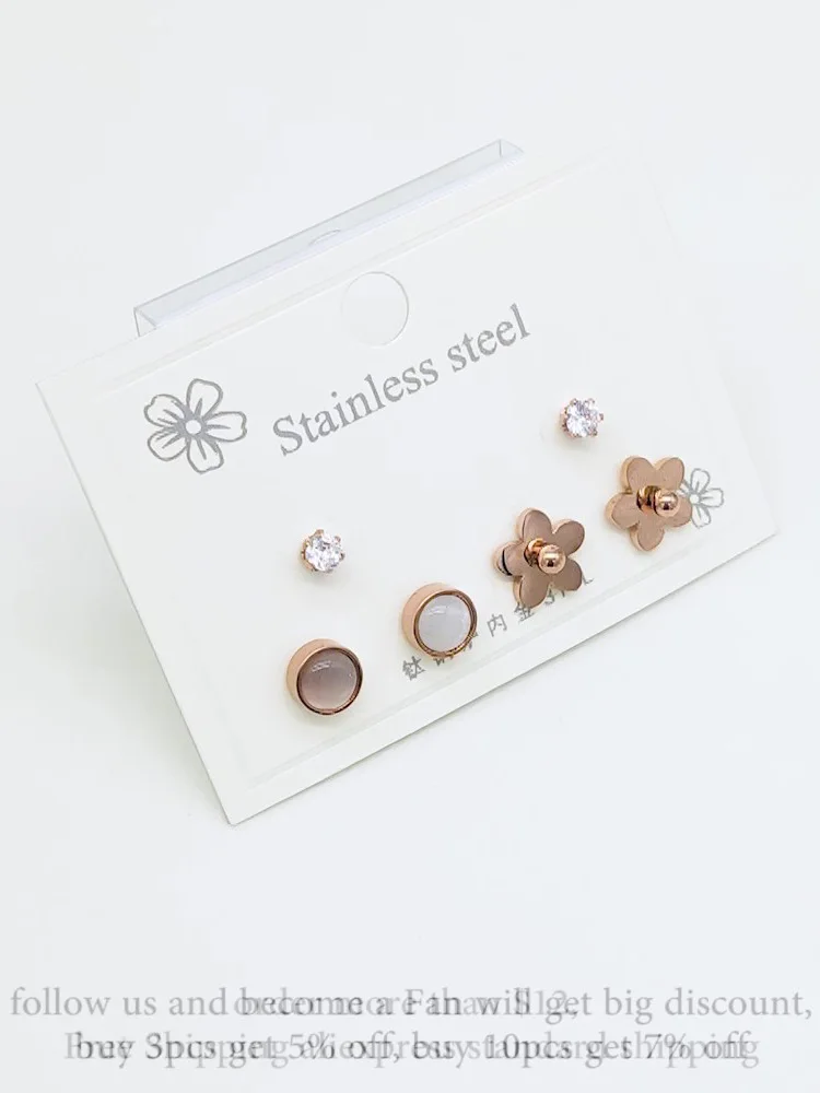 Lokaer Trendy Titanium Stainless Steel Flower Rhinestone Earrings Jewelry 3Pair/Set CZ Crystal For Women Girls E20039 | Украшения и