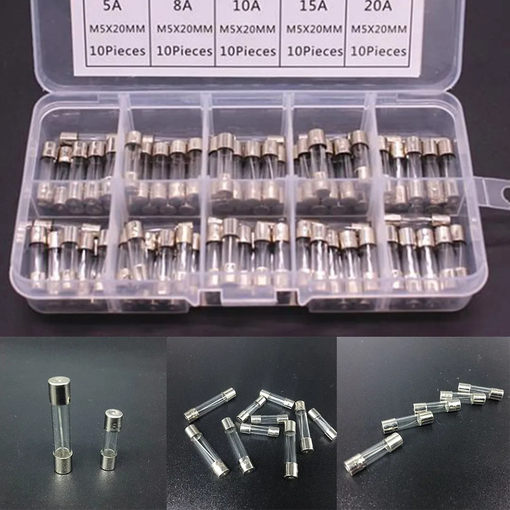 

100pc Glass Fuses 5x20mm Standard Glass Tube Fuse Combination 0.2A-20A 250V Fast-Acting Electric Glass Fuse Set With Storage Box