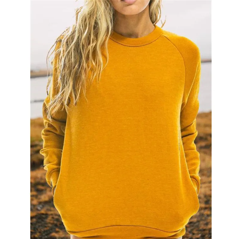 

2021 Spring Women's Long Sleeve Printed Round Neck Yellow Solid Color Sweater Loose Sweatshirt Women Oversized Clothes Casual