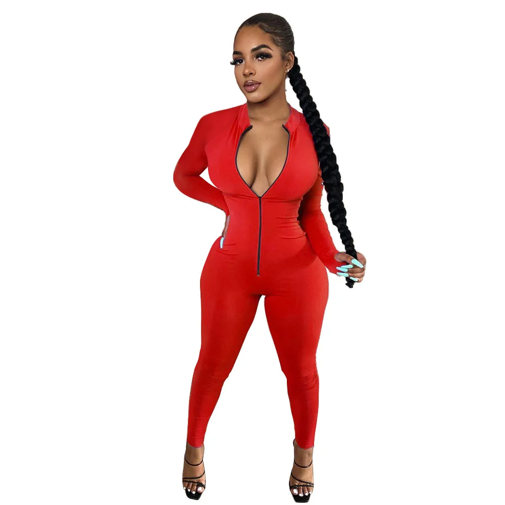 

Zoctuo Long Sleeve Jumpsuits For Women Autumn Zipper Up Sexy Jumpsuit Moto Biker Style Jumpsuit Skinny One Piece Romper Playsuit
