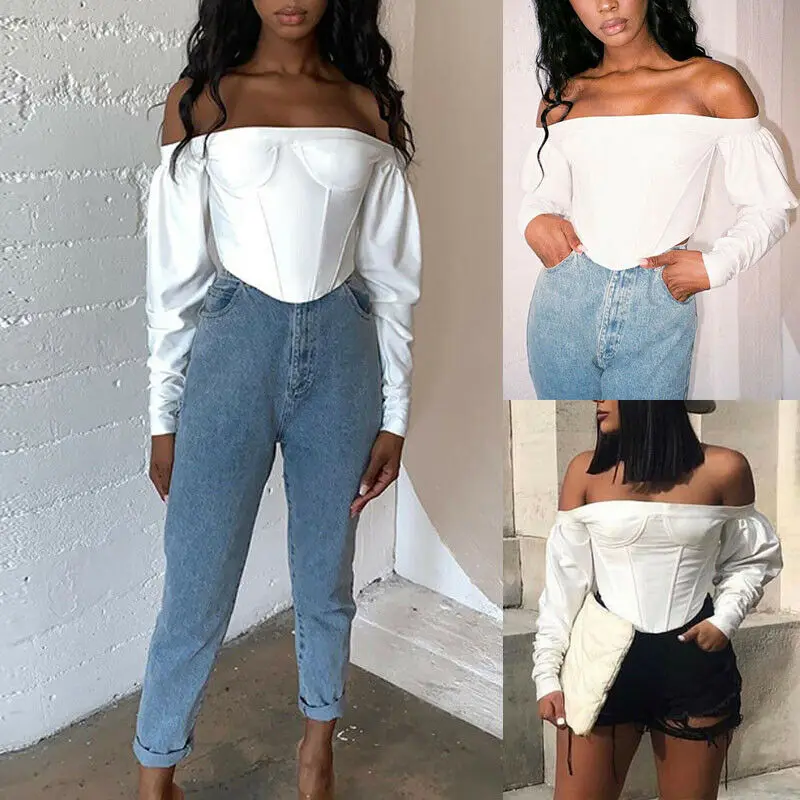 

2019 New Womens Fashion Off Shoulder Shirt Crop Long Sleeve Tops Blouse Jumper Vest Cami Tank Top