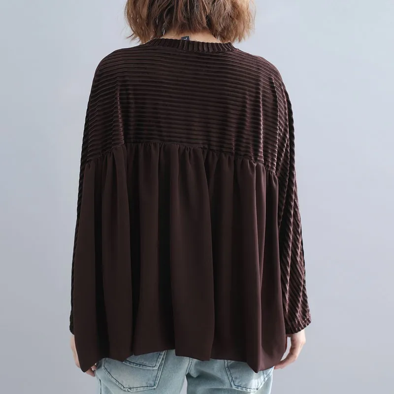 

Women Loose Casual Blouses Shirts New Arrival 2020 Autumn Simple Style Corduroy Patchwork Chiffon Female Long Sleeve Tops S2731