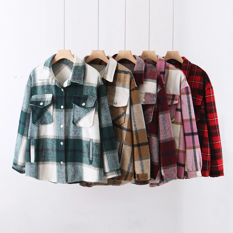 

Vintage Stylish Pockets Plaid Jacket Coat Women Autumn Winter Fashion Lapel Collar Long Sleeve Loose Outerwear Chic Tops Jackets