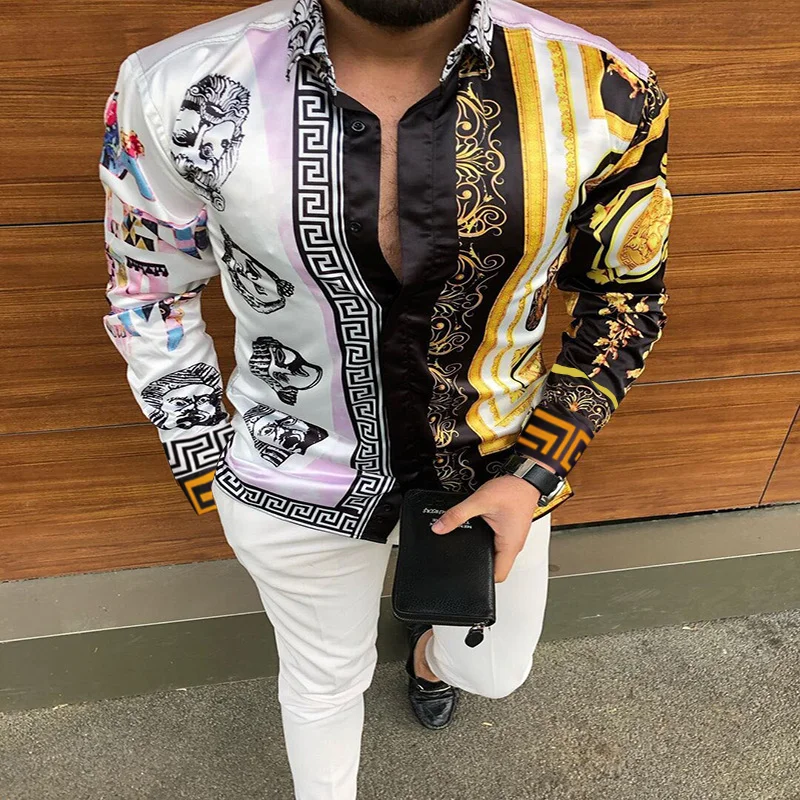 

Autumn Fashion Buttoned Tops Mens Turn-down Collar Shirt Streetwear Bluas New Vintage Lion Print Long Sleeve Slim Shirts For Men