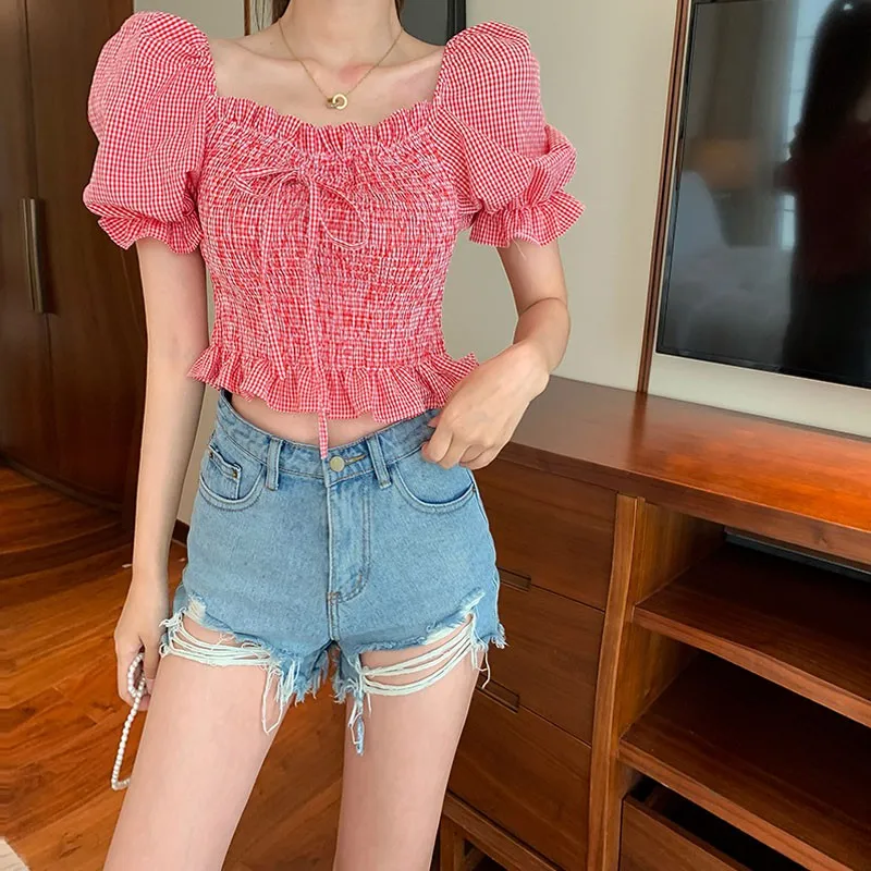 

Women Blouse Summer Fashion Square Collar Puff Sleeve Off Shoulder Short Tops Girls Shirt Sweet Plaid Casual Shirt M