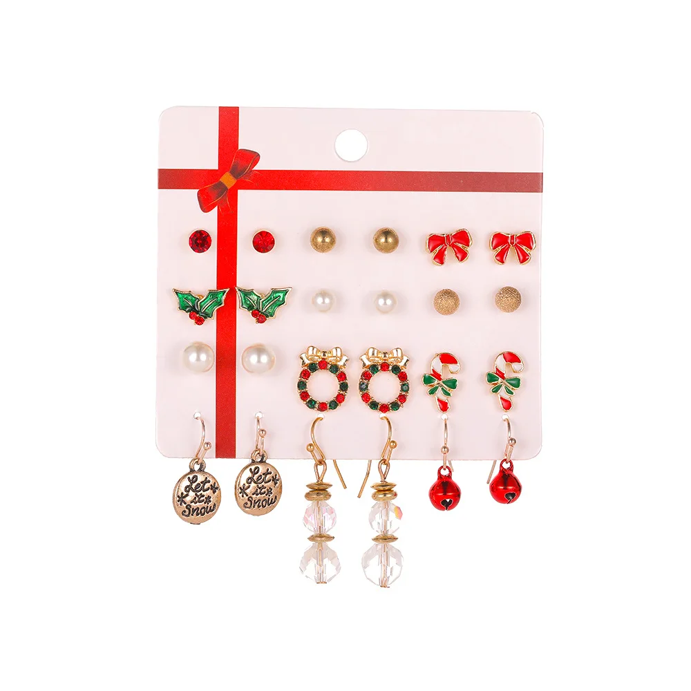 

Merry Christmas Set Earrings Holiday Party Bells Snowflake Combination Earrings with Santa Claus Elk Stud Earring