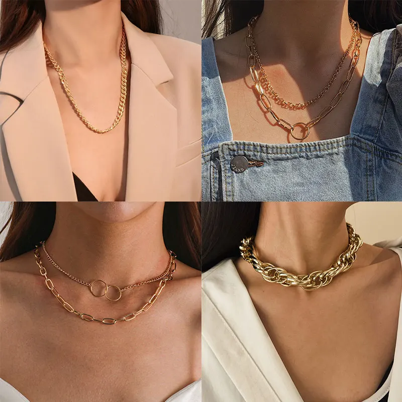

Vintage Golden Necklace for Women Multilayer Long Circle Pendant Chain Necklaces & Lock Pendants Choker 2021 New Fashion Jewelry