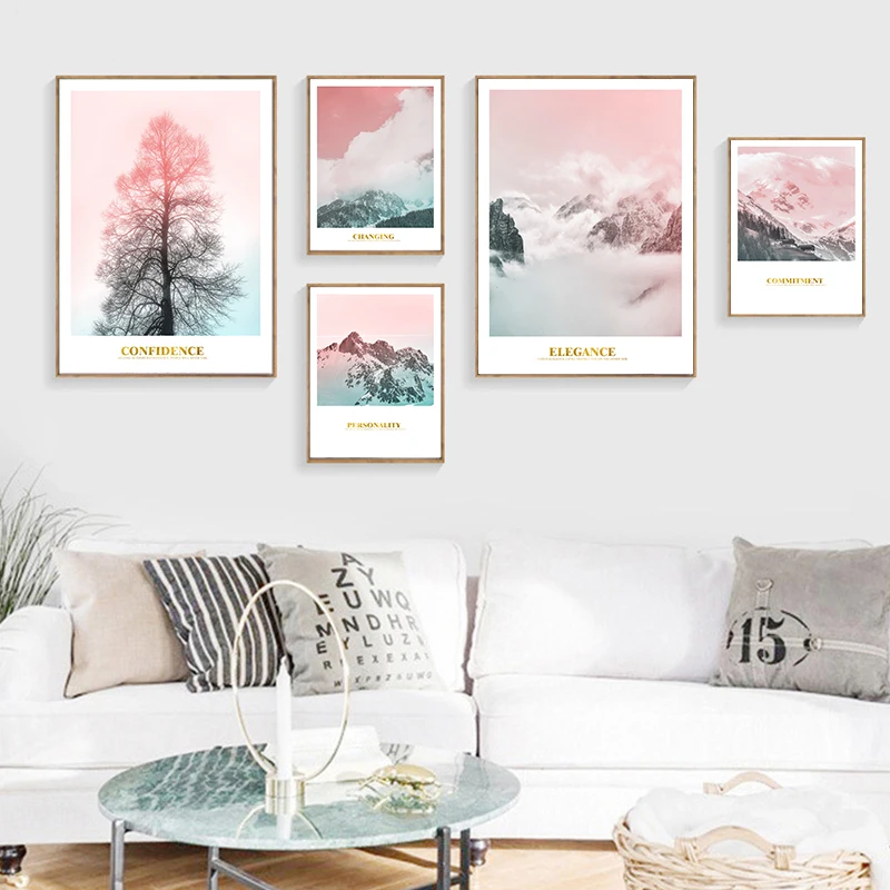 Стены искусства розовый пейзаж холст плакат скандинавский принт горы облако