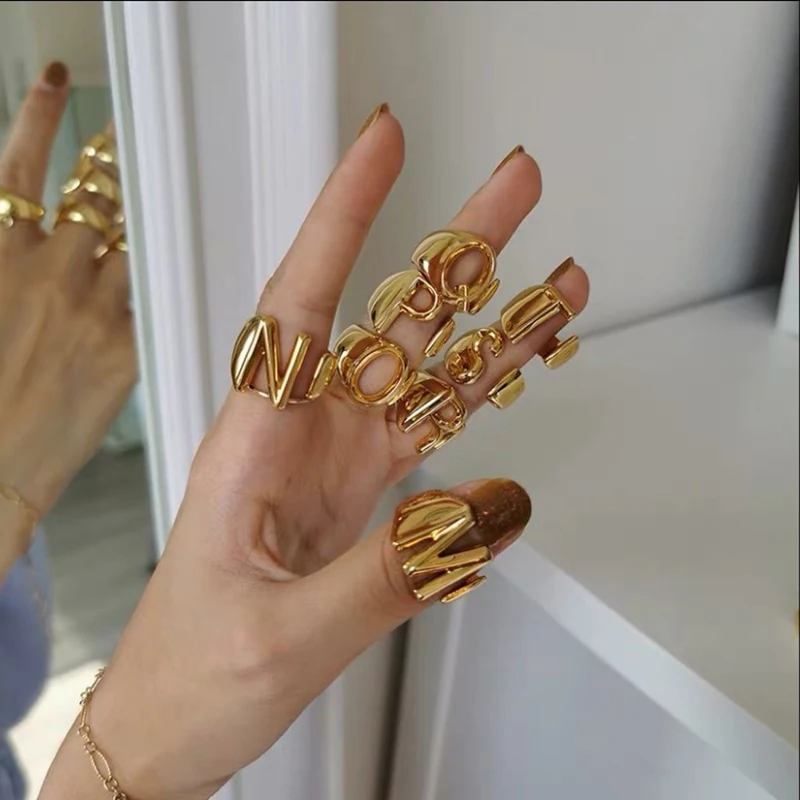 

2021 Jewelry Gift Quality Improved Open Size 18k Gold Plated Personality Gold Letter Rings for Women Bold Initial Ring