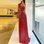 Вечерние платья с красными бусинами, Длинные арабские платья для выпускного вечера с высоким разрезом и кристаллами