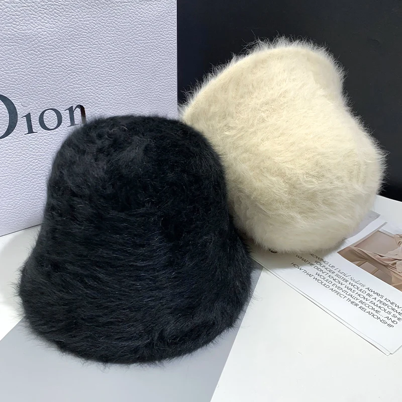 

шапка 2021 New Hat Winter Women's Fashion Solid Color Rabbit Fur Hat Bucket Cap Fisherman's Hat Retro Knitted Wool Basin Bucket