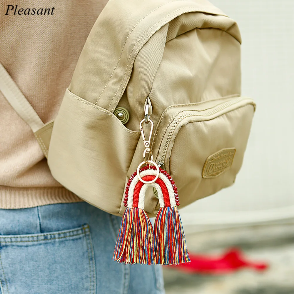 

2021 New European and American Tassel Keychain Bead Rope Hand-woven Rainbow Pendant Car Bag Jewelry