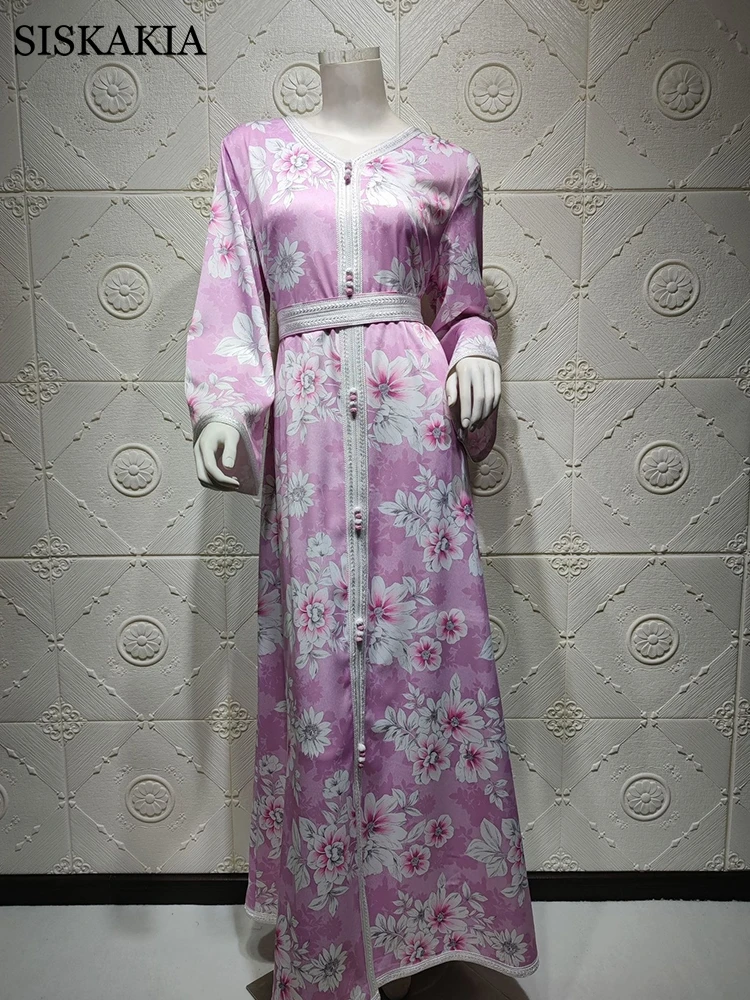 

Siskakia Sweet Floral Arabic Long Dress for Women Fashion Ribbon Trim V Neck Full Sleeve Jalabiya Muslim New Dubai Abaya Pink