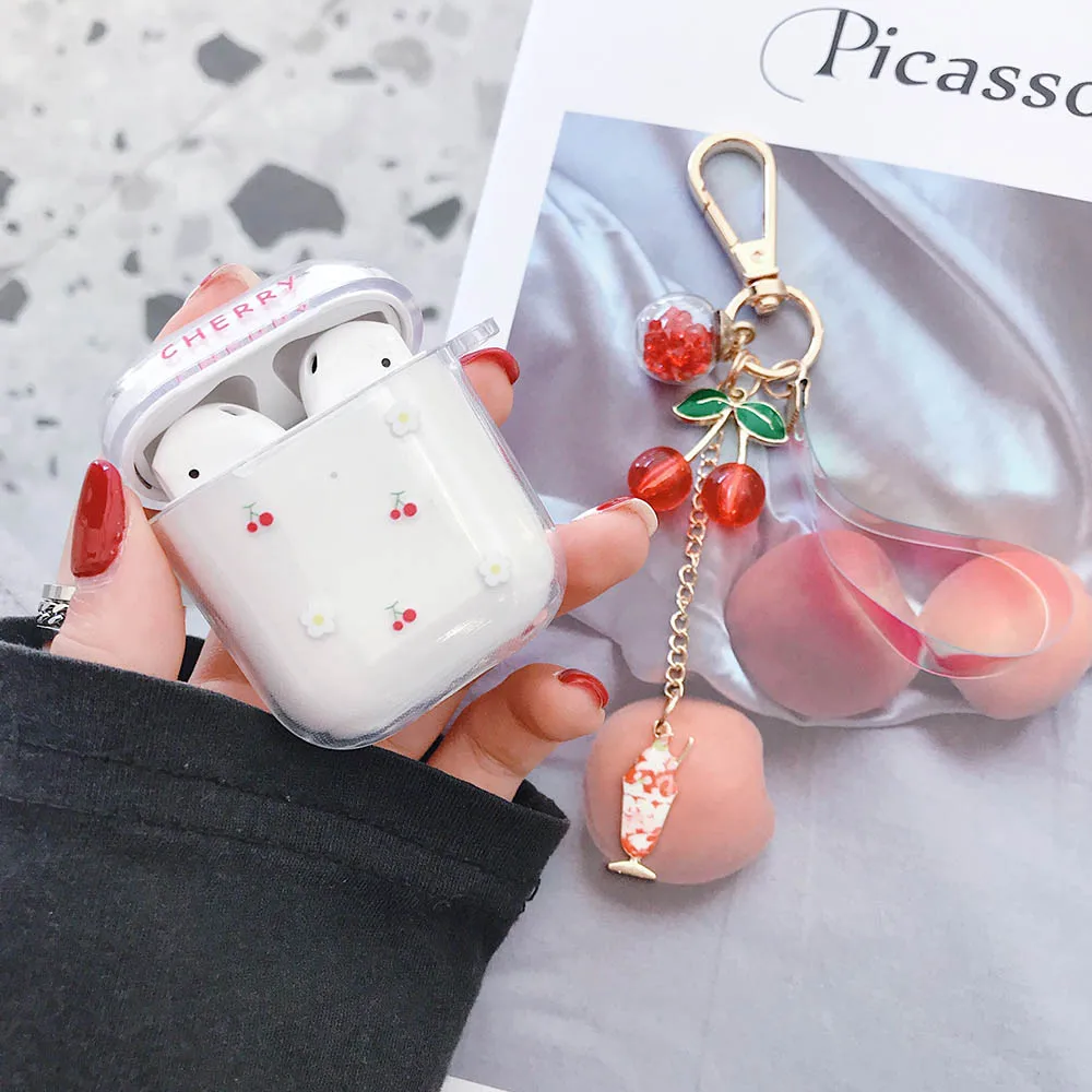 

Earphone Cases With Cherry Keychain For Airpods 2 Pro Clear Case Soft Tpu Bluetooth Charging Box Accessories For Air Pods 1 3