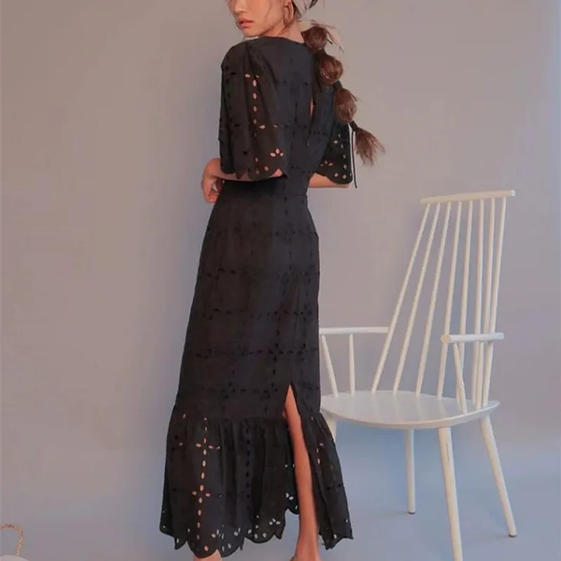 

Vintage Square Collar Complicated Jaquard Lace Dress Women Fashion Hollow Out Design Fishtail Dress Sexy Long Mermaid Dress