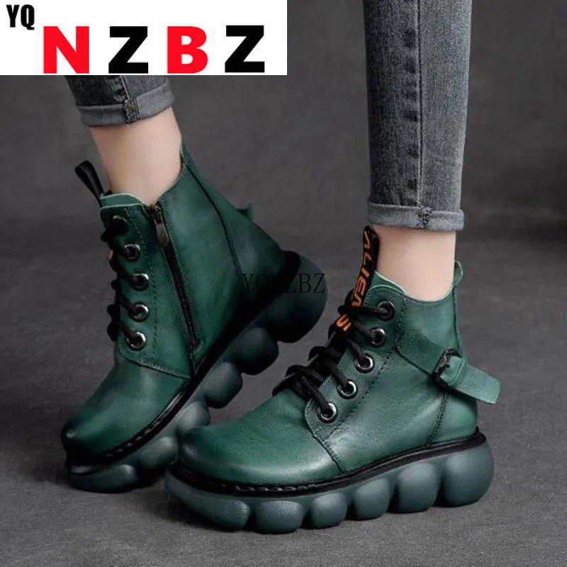 

2021 Shoes Women Boots Retro Genuine PU Leather New Autumn Winter Zip Round Toe Concise Handmade Leisure Ankle Platform Shoes