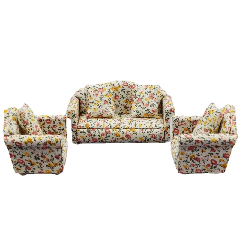 

Mini Dollhouse Sofa, 1/12 Miniature Floral Sofas 3-Piece Sofa Set with 4 Pillows Dollhouse Furniture for Home Bedroom