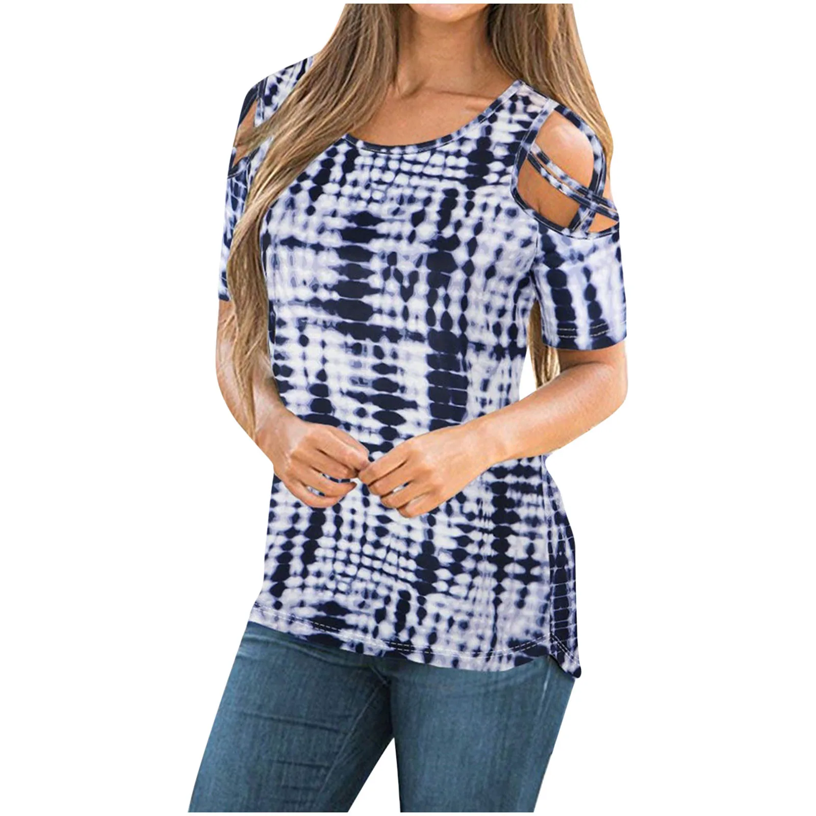 

Платье на бретелях с открытыми плечами блузки, воротник-стойка, круглый вырез, средний размер, Рубашка Женская туники Цвет смешивания Harajuku р...