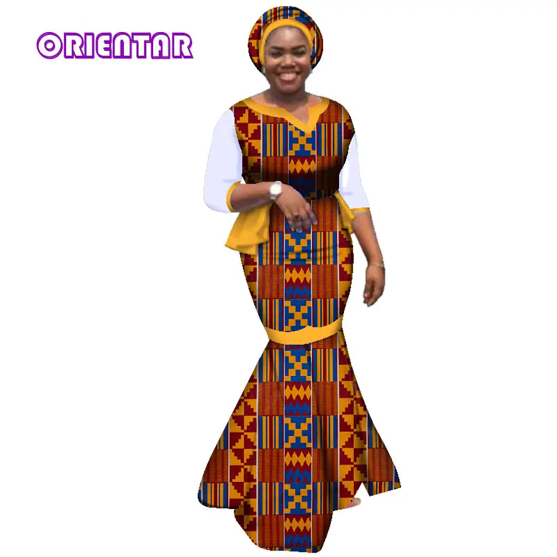African Dresses for Women African Clothes with Headscarf Print Cotton Floor Length Dress Women Private Custom Plus Size WY2903