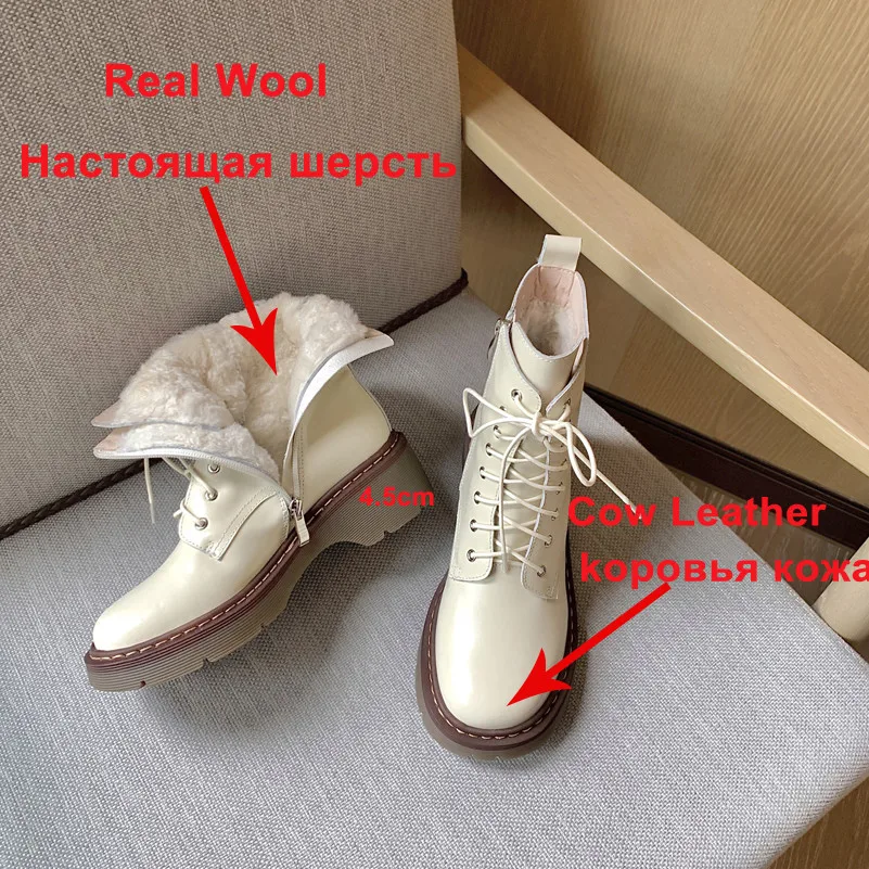 

Натуральная шерсть женская обувь из натуральной кожи с мехом на платформе, в стиле блока на Средних Каблуках, Женские ботильоны мотоботы бо...