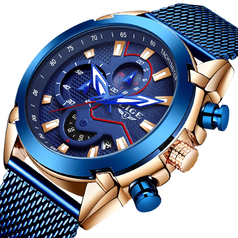 2019 Новинка LIGE синий Повседневный сетчатый ремень модные кварцевые золотые часы