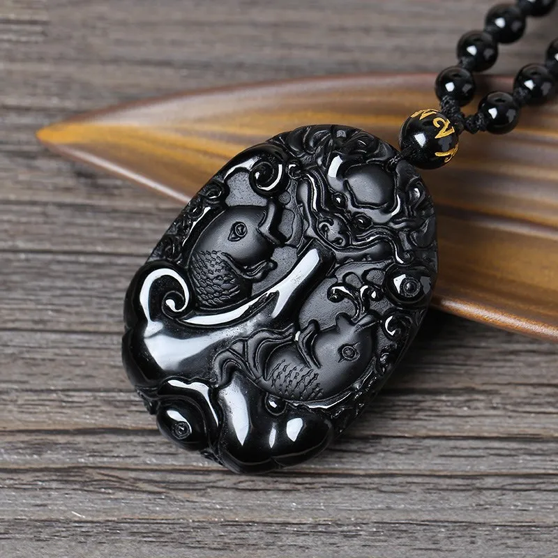 

Natural Obsidian Fish and Dragon Jade Pendant Jewelry Lucky Exorcise evil spirit Auspicious Amulet Pendant Necklace Fine Jewelry