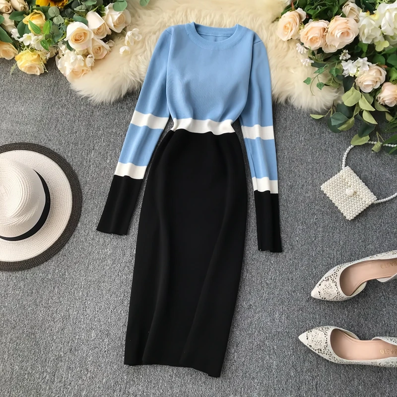 ALPHALMODA осенне-зимнее женское трикотажное платье хит цвета новое ретро с высокой талией цветное с длинным рукавом тонкое трикотажное цельное платье
