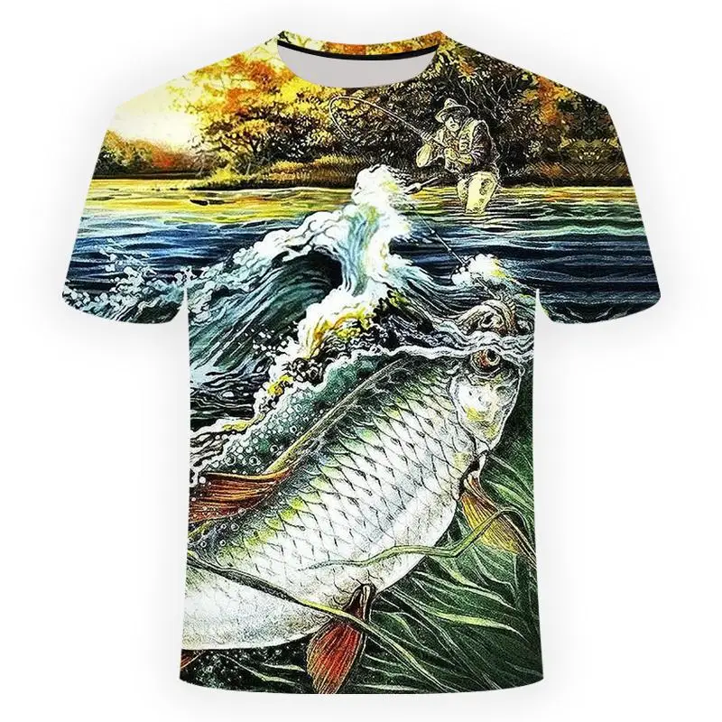 

2021 Summer Fashion Men's T-Shirt New Printed T-Shirt Cool Men and Women 3d Fish Hip Hop 0 Neck Short Sleeve Tops
