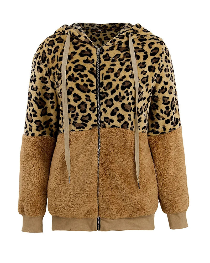 

Women Casual Teddy Bear Hoodies Sweatshirts Winter 2020 Zipper Front Closure Warm Fleece Leopard Patchwork Oversized Hoodies