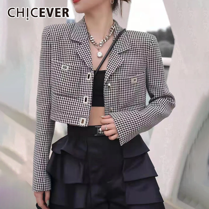 

CHICEVER Plaid Colorblock Casual Blazer Women Notched Long Sleeve Dual Pocket Loose Short Womens Coats 2021 Fashion Clothing New