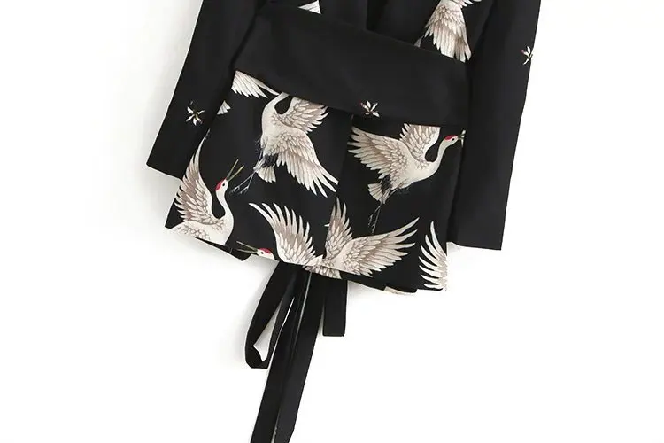 

Autumn Fashion Crane Print Blazer Jacket Women Casual Cardigan Blet Long Sleeves Suits Coat Office Ladies Elegant Blazers