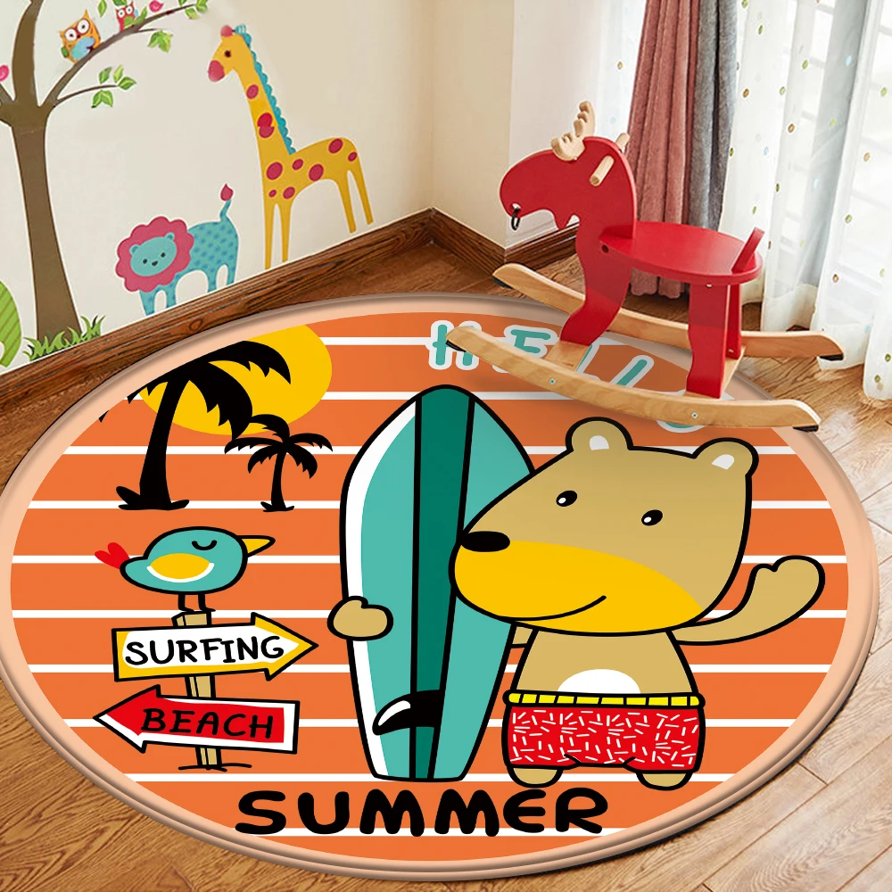 

Cartoon Summer Dog Animal Round Rug Non-Slip Flannel Carpet Non-slip Bath Mat Soft Fluffy Living Room Bedroom Decorative Carpet