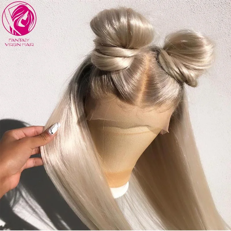 

Light Ash Blonde Ombre Human Hair Lace Front Wig 26"28"30" Silky Straight REmy Hair 13x4/13x6 Deep Parting Transparent 150% 180%