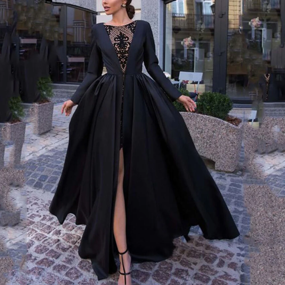 

Женское ТРАПЕЦИЕВИДНОЕ ПЛАТЬЕ С Длинным Рукавом, черное кружевное платье с высоким разрезом для выпускного вечера, 2018