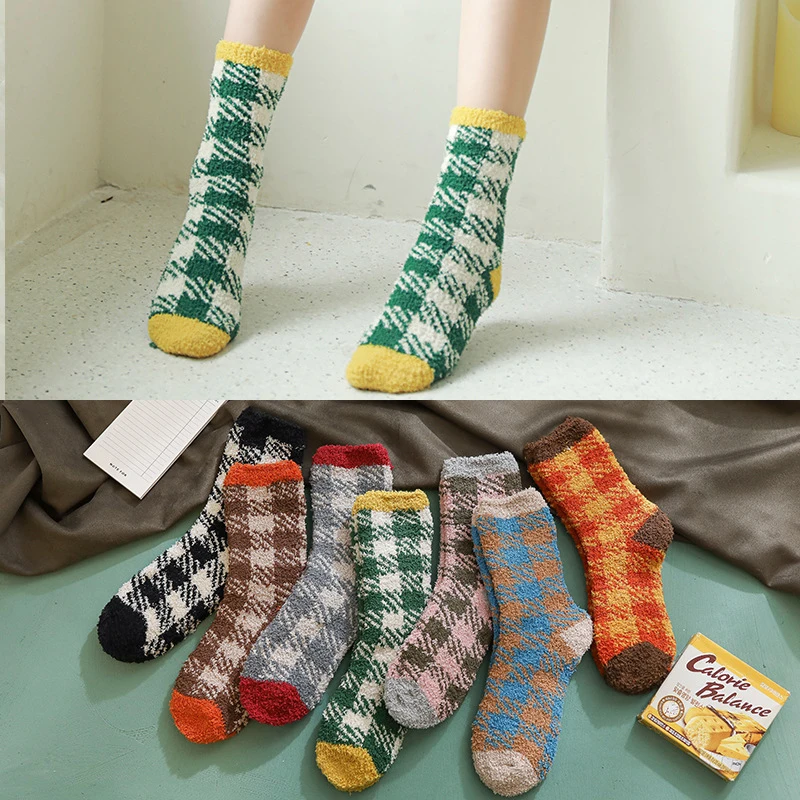 

Winter Socks Women Designer Socks Cotton Autumn And Winter New Plaid Home Room Socks Women's Calf Socks Thickened Warmth