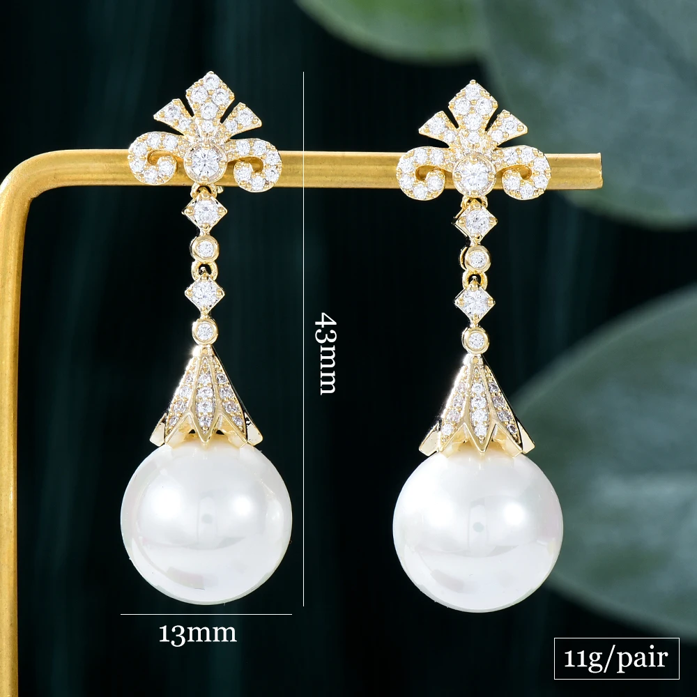 

Brand Luxury Sparkling Big Pearl Dangle Earrings For Women Nigerian Style Full Cubic Zirconia Dangle Drop Earring Jewelry