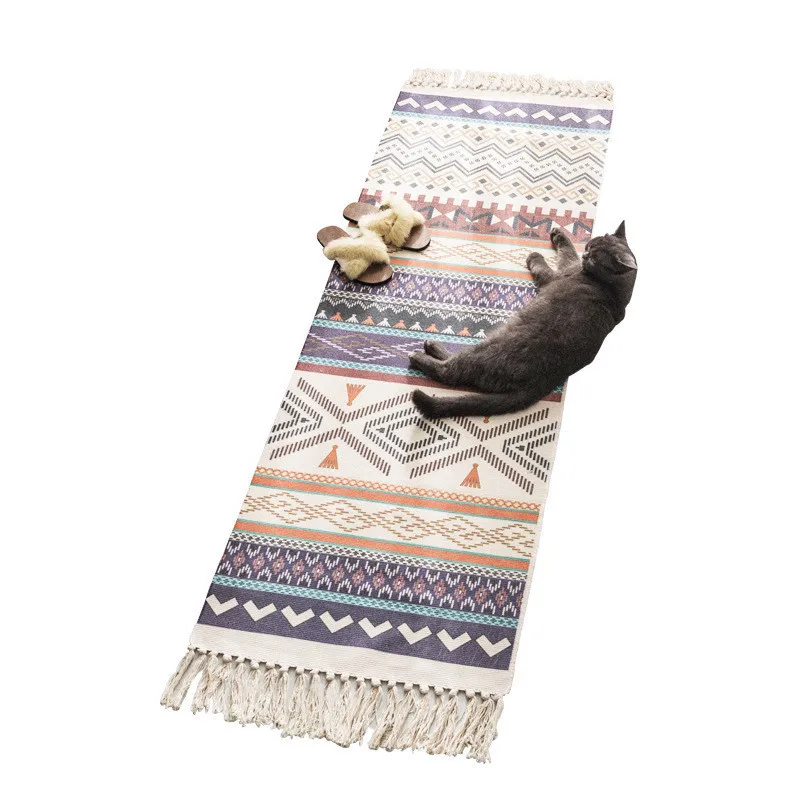 

Hot Retro Bohemian Hand Woven Cotton Linen Carpet Tassel Rug Geometric Floor Mat Bedroom Tapestry Decorative Blanket Area Rug