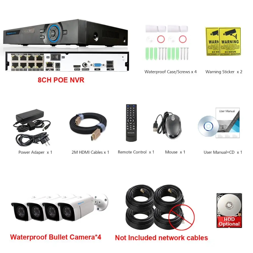TOPROHOMIE H.265+ 8ch камера безопасности Система 4MP аудио запись наружная POE ip-камера 8CH cctv комплект видеонаблюдения P2P HDMI - Цвет: 4 Camera No Cables